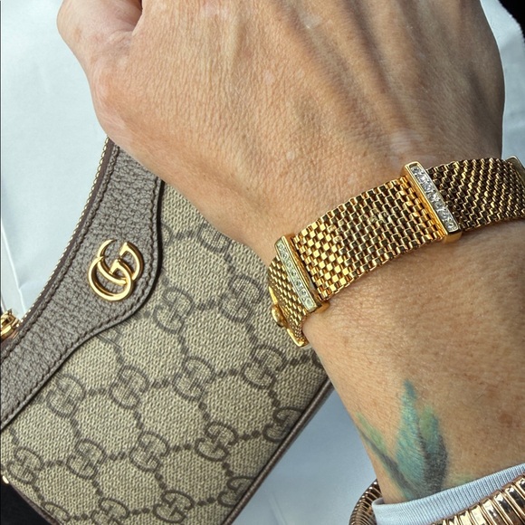 Swarovski gold metal mesh bracelet, white pave crystals, 7"L, Swan Mark - Picture 9 of 10